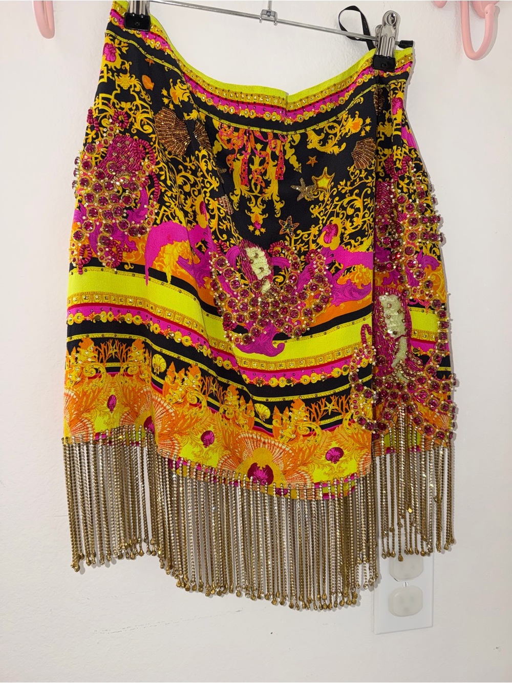 Camilla Vibrant Embellished Fringe Mini Skirt - Black, Neon Pink & Yellow